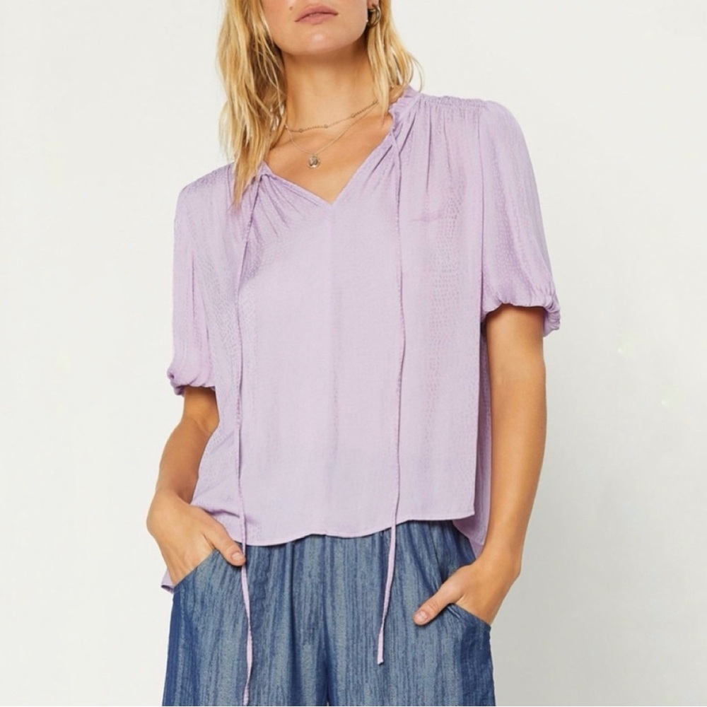 Anthropologie Current Air Thalia Split Neck Smocked Lavender Pink Dot Blouse Top